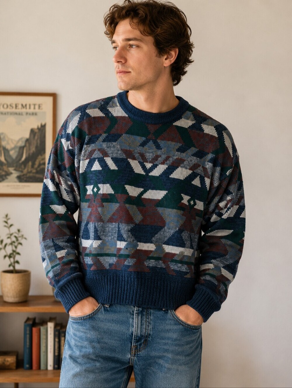 Vintage Campus 80s Knit Geometric Sweater Navy Blue Men's Large L Grandpa EUC